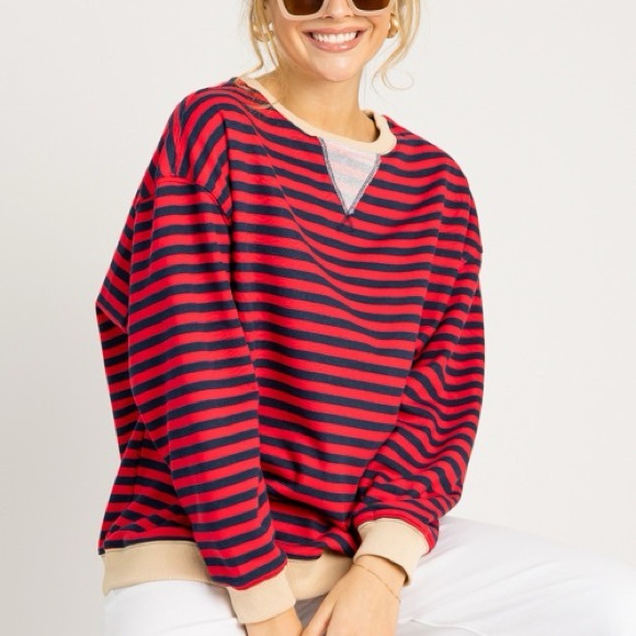 Tops - Red and Blue Striped Oversized Sweatshirt- M